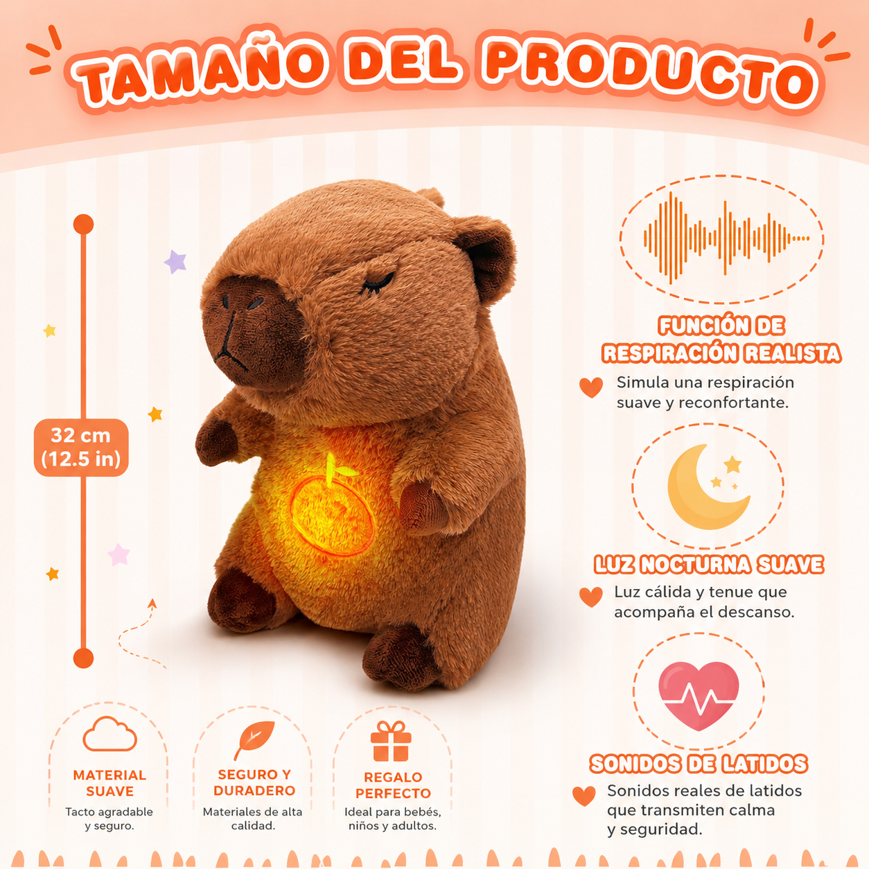Botones de música y luz cálida en la barriga del capibara
