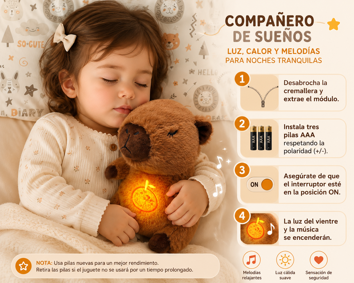 Peluche capibara con movimiento de respiración rítmica suave